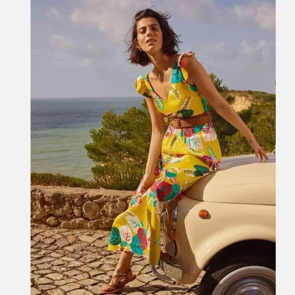 Boden Andrea Womens Plus Frill Sleeve Yellow Tropical Beach Maxi Dress Sz 20/22W - Picture 5 of 12